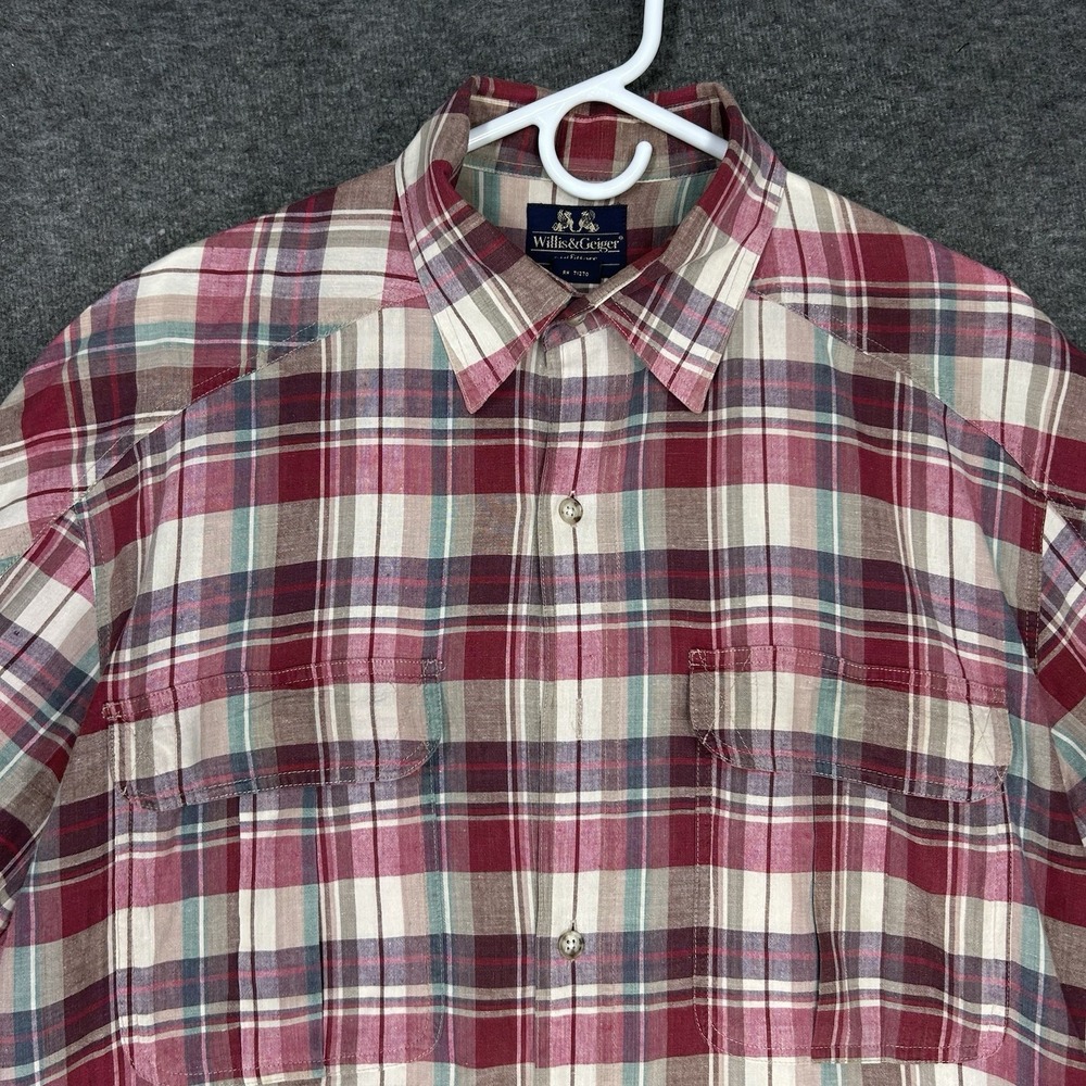 VTG Willis and Geiger Shirt Mens M Red Plaid 100% Cotton Short Sleeve Button Up